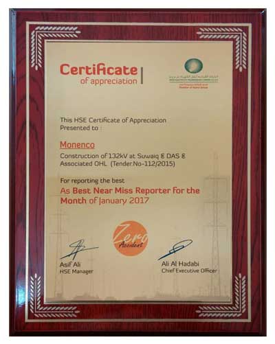 HSE Certificate of Appreciation from OETC - Oman