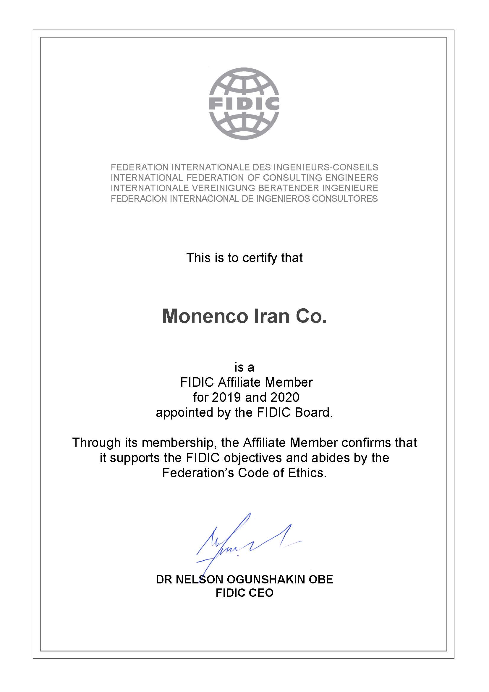 Monenco Iran has become a Affiliate Member of FIDIC