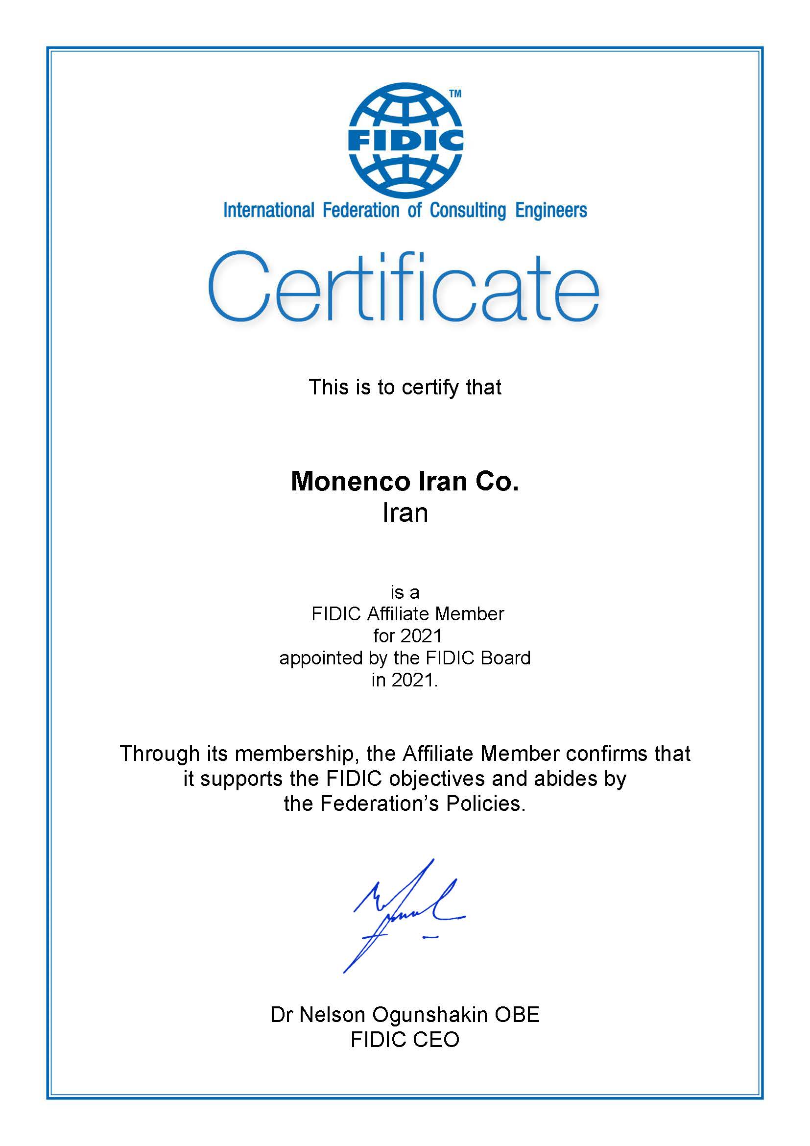 Renewal of Affiliate Membership of Monenco Iran in International Federation of Consulting Engineers (FIDIC) 