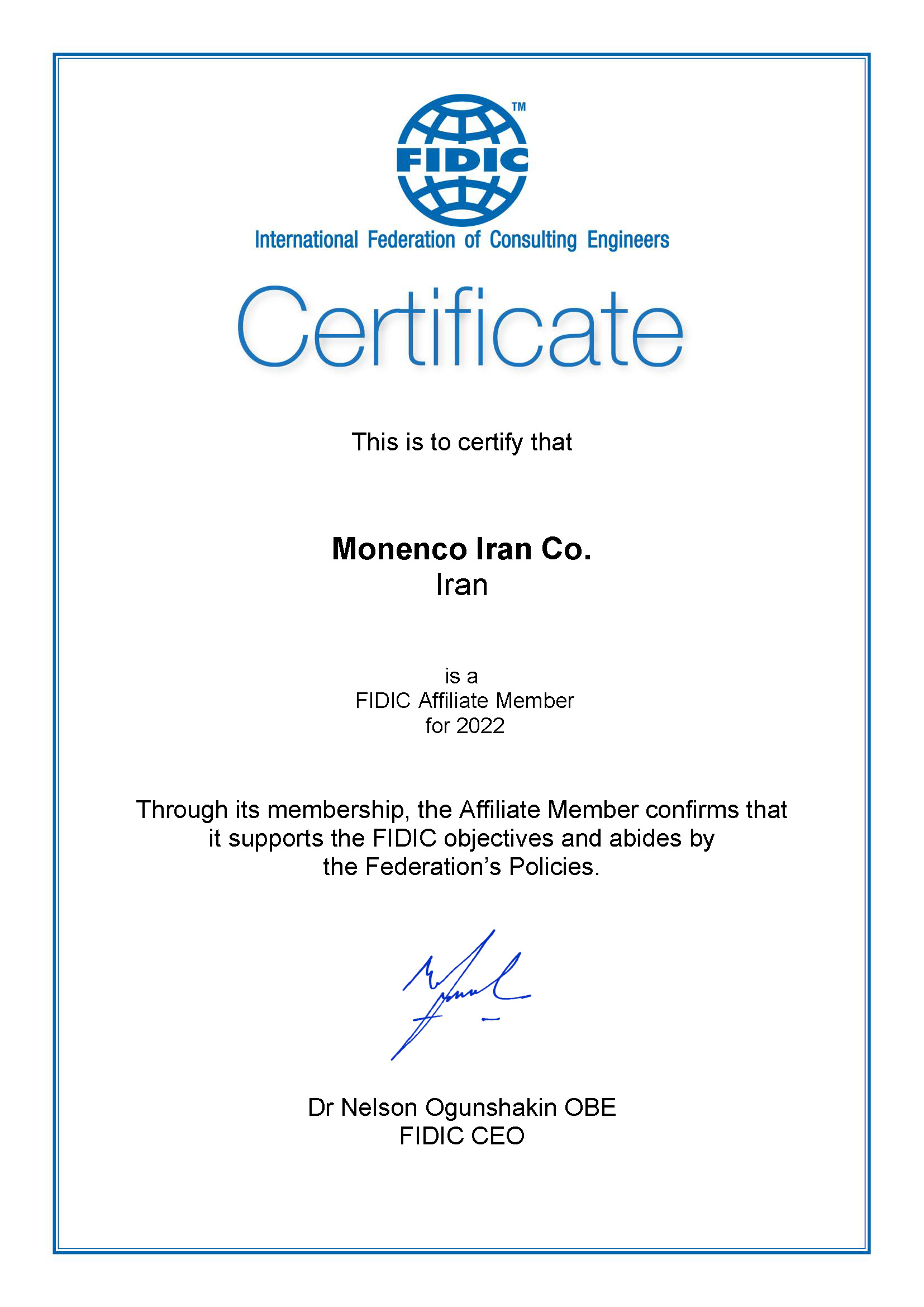 Renewal of Affiliate Membership of Monenco Iran in International Federation of Consulting Engineers (FIDIC)